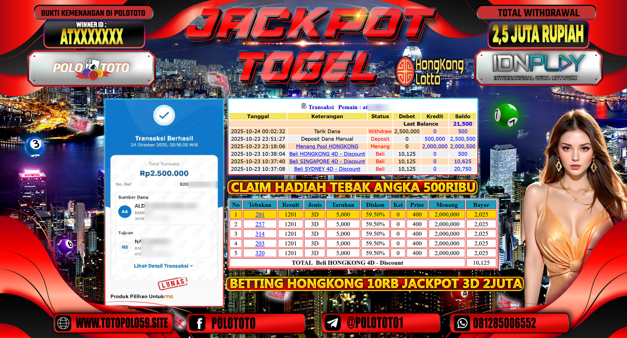 POLOTOTO JACKPOT TOGEL MENANG HONGKONG LOTTO Rp.2.500.000,- LUNAS