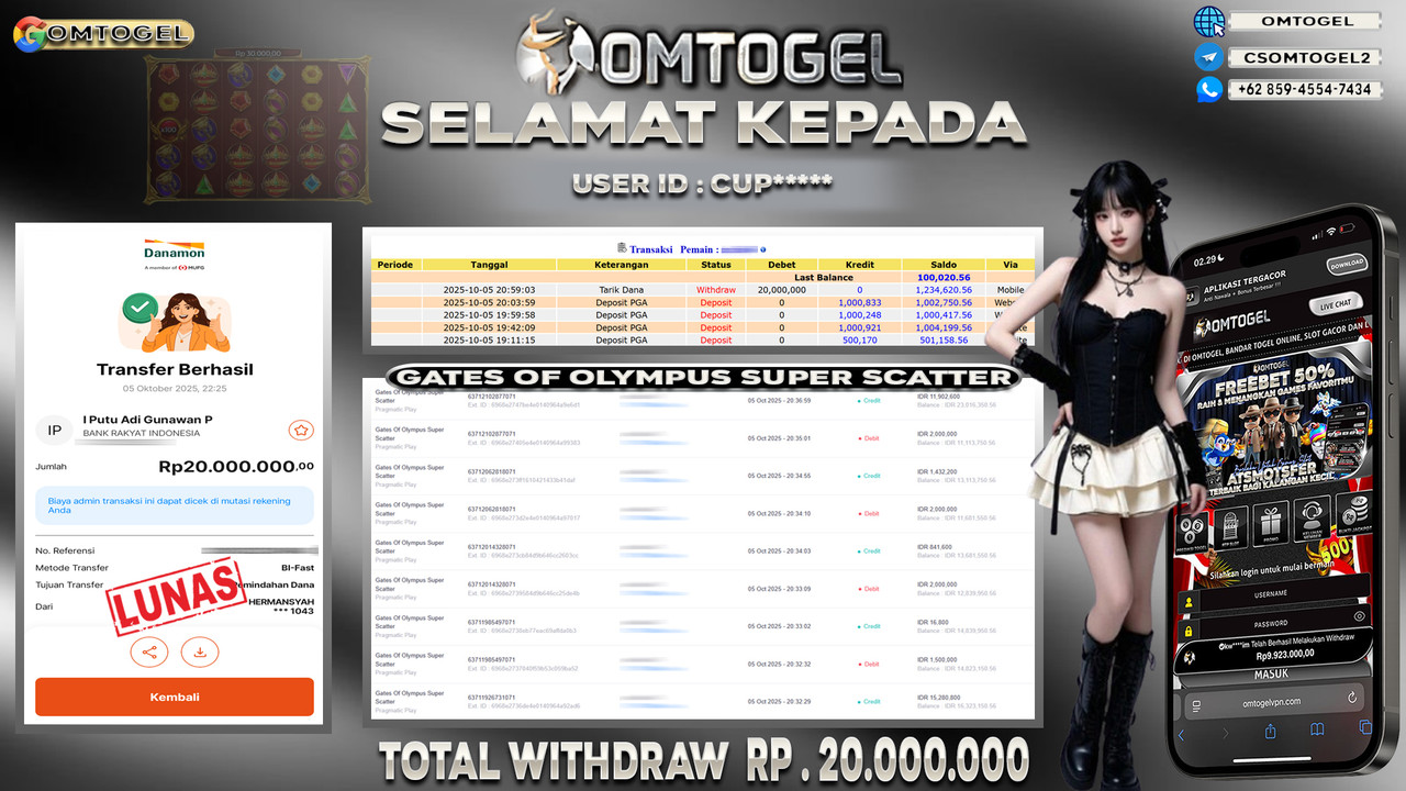 OMTOGEL JACKPOT PRAGMATIC PLAY GATES OF OLYMPUS SUPER SCATTER 20 JUTA DI BAYAR LUNAS ,-
