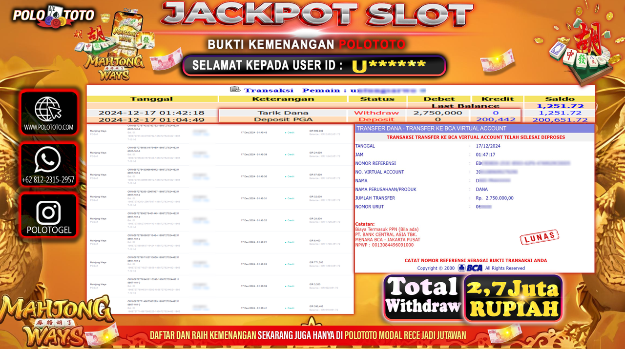 POLOTOTO JACKPOT SLOT MAHJONG WAYS Rp.2,750.000,-