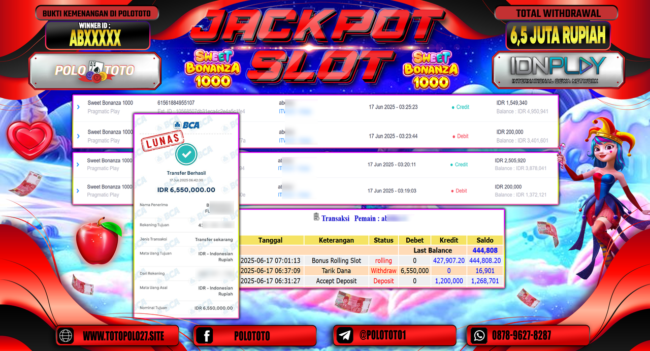 POLOTOTO JACKPOT SLOT SWEET BONANZA 1000 Rp.6.550.000,-