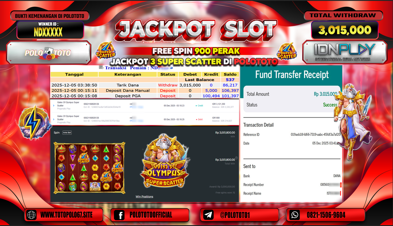POLOTOTO JACKPOT SLOT GATES OF OLYMPUS SUPER SCATTER Rp.3.015.000,- LUNAS