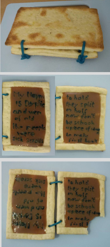 dyptic made of shortcrust and salted caramel, text written in blue food colour