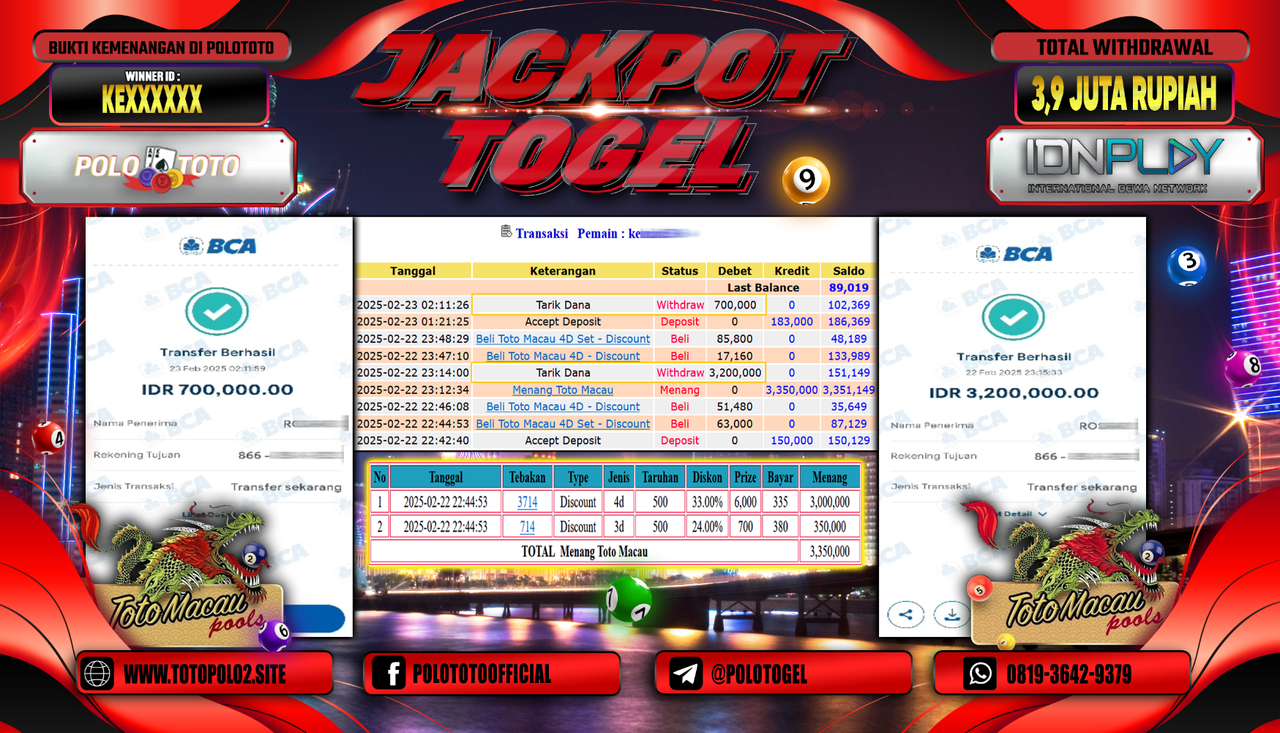 POLOTOTO JACKPOT TOGEL TOTO MACAU 4D Rp.3.900.000,- LUNAS