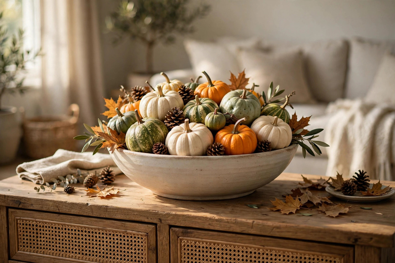 Ceramic bowl filled with mini pumpkins, gourds and pinecones on a wooden console — one-bowl fall decor swap