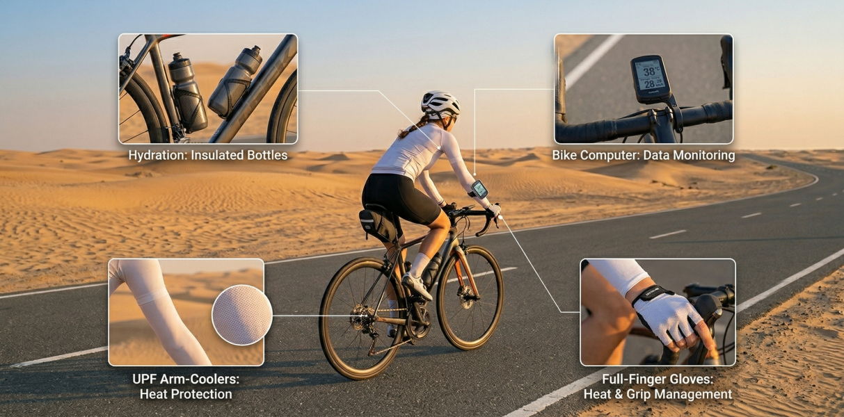 essential cycling gear beginners UAE heat Adventure HQ