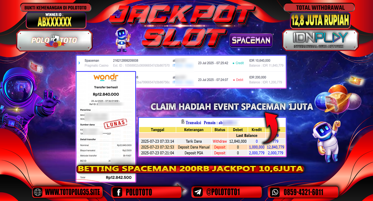 POLOTOTO JACKPOT SLOT SPACEMAN Rp.12.800.000,- LUNAS