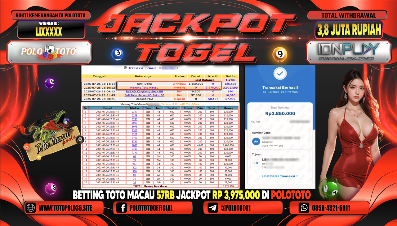 POLOTOTO JACKPOT TOGEL TOTO MACAU Rp.3.800.000,- LUNAS