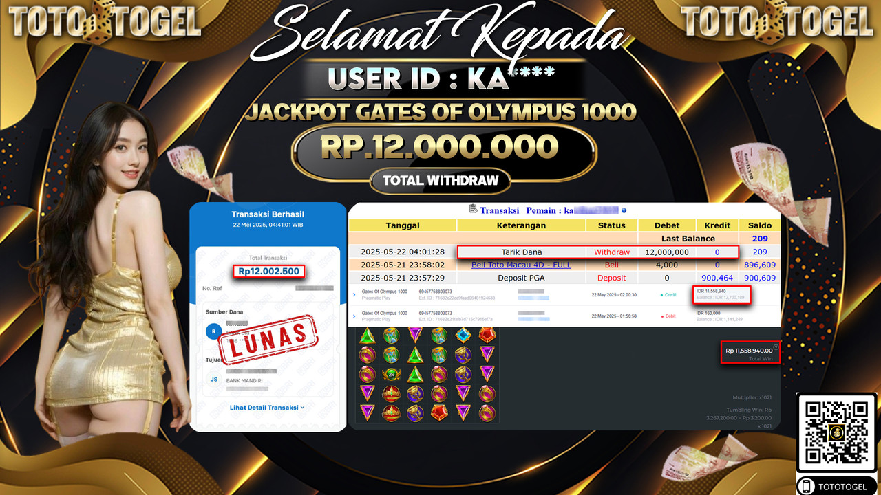 Bukti Pembayaran Jackpot Permainan Slot Gates Of Olympus 1000  ID:KA***** LUNAS