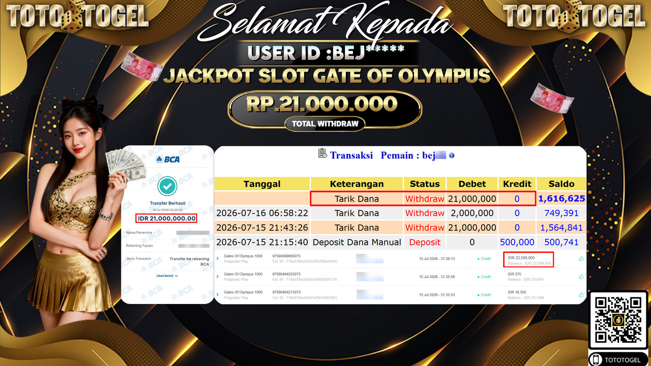 Bukti Pembayaran Jackpot SLOT GATES OF OLYMPUS ID:BEJ****LUNAS