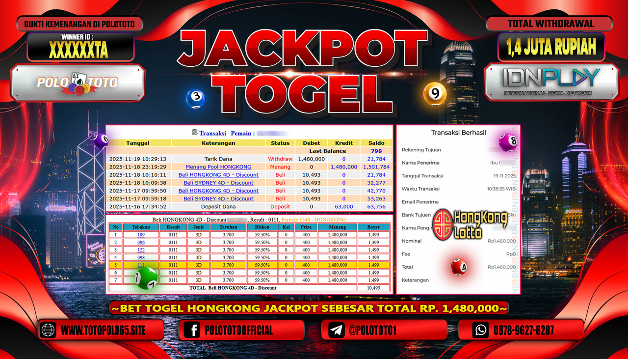 POLOTOTO JACKPOT TOGEL MENANG POOL HONGKONG Rp.1.400.000,- LUNAS