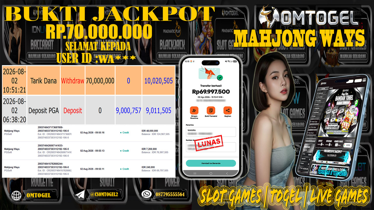OMTOGEL JACKPOT PG SOFT MAHJONG WAYS  Rp,70,000,000,- DIBAYAR LUNAS