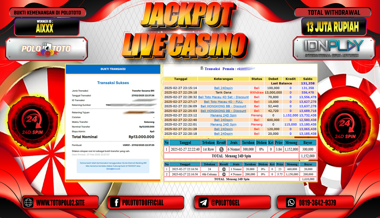 POLOTOTO JACKPOT LIVE CASINO 24D SPIN Rp.13.000.000,-