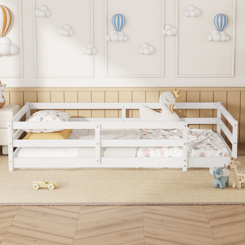 Montessori White Wood Twin Floor Bed with Metal Fence - Picture 2 of 8