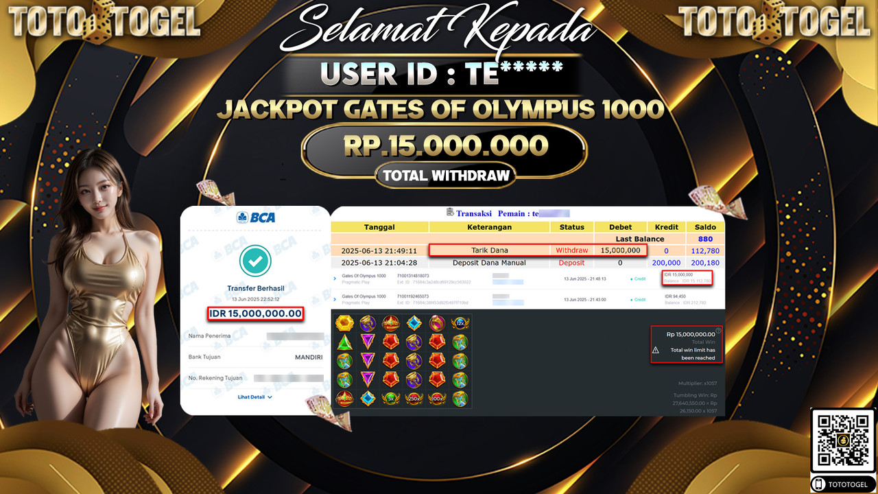 Bukti Pembayaran Jackpot Permainan Slot Gates Of Olympus 1000 ID:TE***** LUNAS