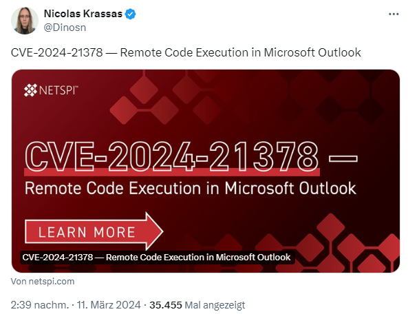 Outlook Schwachstelle CVE-2024-21378