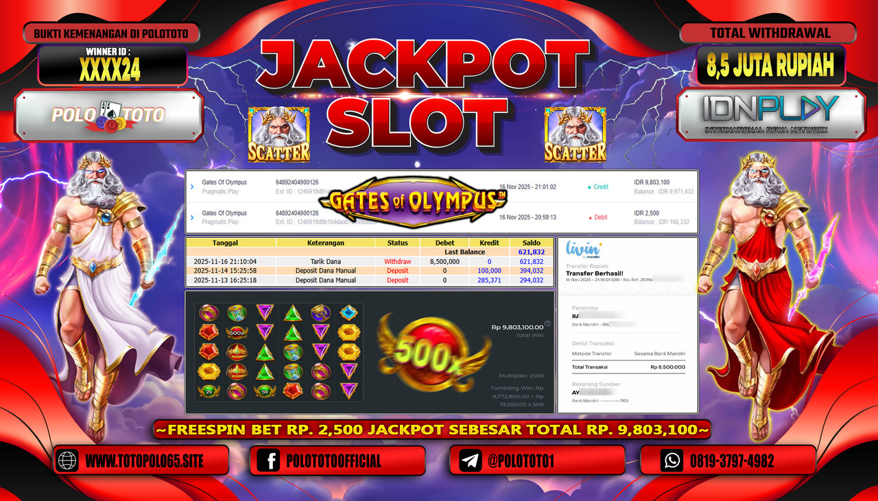 POLOTOTO JACKPOT SLOT GATES OF OLYMPUS Rp.8.500.000,- LUNAS