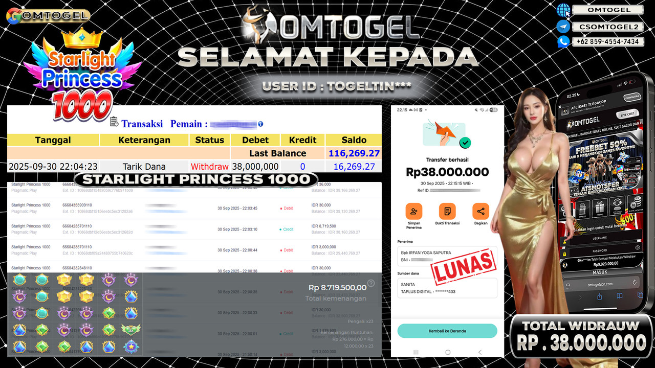 OMTOGEL JACKPOT PRAGMATIC PLAY STARLIGHT PRINCESS 1000 38 JUTA DI BAYAR LUNAS ,-