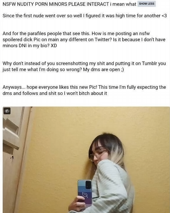 A censored image of Ally Kotetsu, taking a mirror selfie of her un-wiped and un-washed asshole alongside the caption NSFW NUDITY PORN MINORS PLEASE INTERACT I mean what posted on a mastodon server run by pedophiles the caption has more text but I don't feel like trasnscribing it all tbh