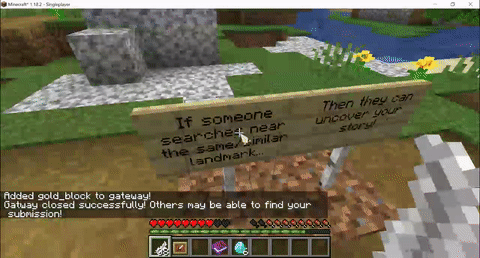 A minecraft player uses a feather to check for caches near a stone structure very similar to the last one, and uncovers a gold block