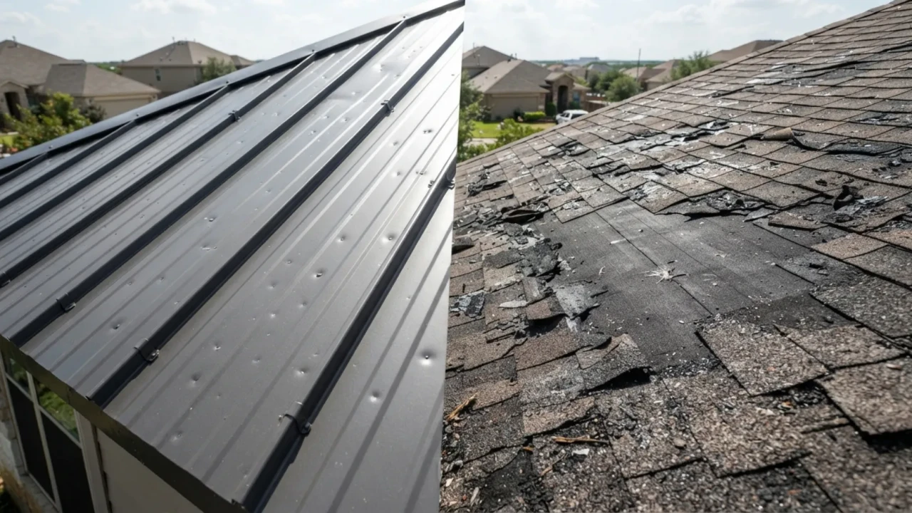 Metal roofing panel with minor hail dents next to destroyed asphalt shingles after same San Antonio hail storm
