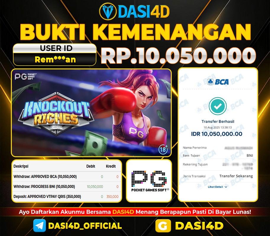 BUKTI KEMENANGAN 10 AGUSTUS 2025 DI KNOCKOUT RICHES WD 10.050.000