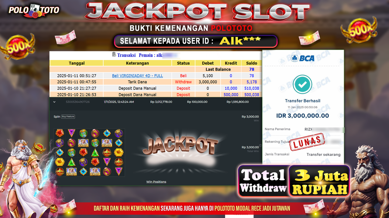 POLOTOTO JACKPOT SLOT GATES OF OLYMPUS 1000 Rp.3,000.000,-