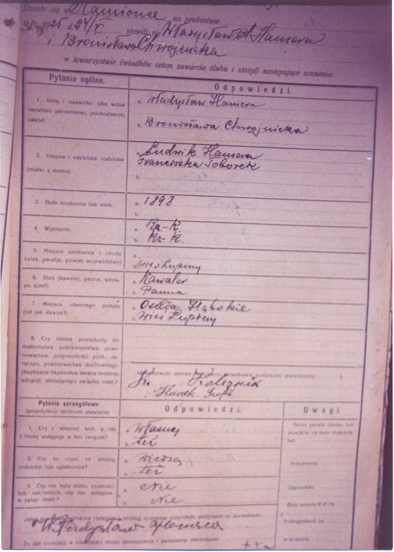 1925 Akt ślubu Władysława Hamery i Bronislawy Chwojnickiej