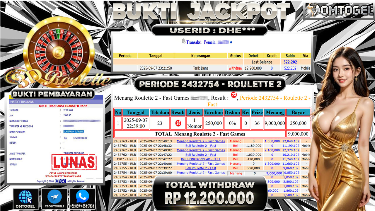 OMTOGEL JACKPOT LIVE GAMES ROULETTE 2 - FAST 12 JUTA DI BAYAR LUNAS ,-