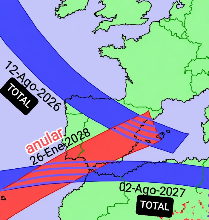 eclipses solares pen�nsula ib�rica 2026 2027 2028