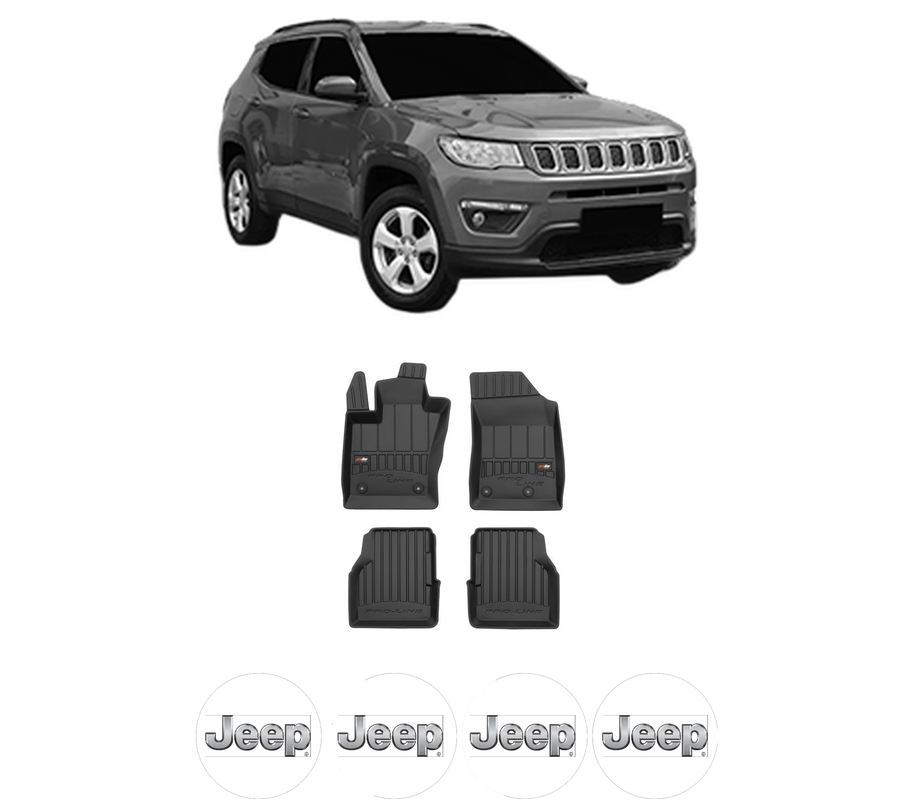 Set covorase presuri JEEP COMPASS (MP, M6, MV, M7) din 2016-2022, auto, din cauciuc thermoplastic, 4 Stickere auto cu JEEP