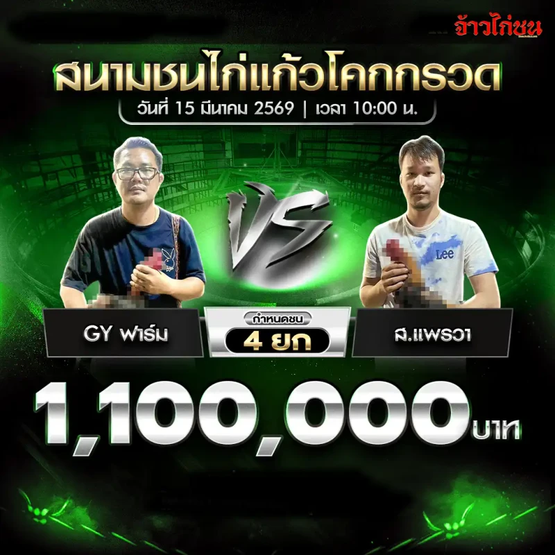 โปรแกรมไก่ชน คู่ GY ฟาร์ม พบ ส.แพรวา สนามชนไก่แก้วโคกกรวด 15 มีนาคม 2569