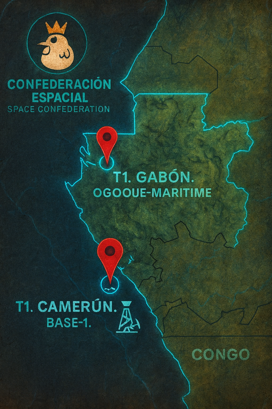 Mapa de la Confederación Galáctica resaltando bases del Pollo Supremo en Gabón (Ogooué-Maritime) y Camerún (Base-1), con contornos en brillo cian estilo neón.