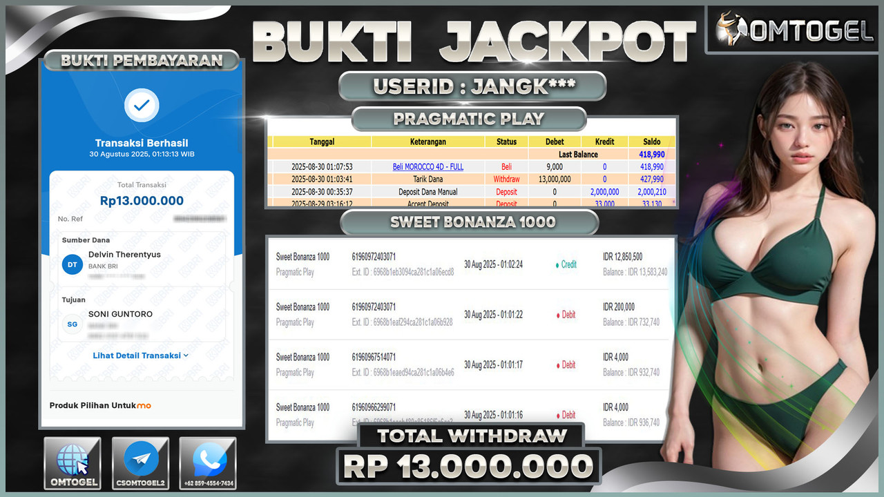 OMTOGEL JACKPOT PRAGMATIC PLAY SWEET BONANZA 1000 13 JUTA DI BAYAR LUNAS ,-