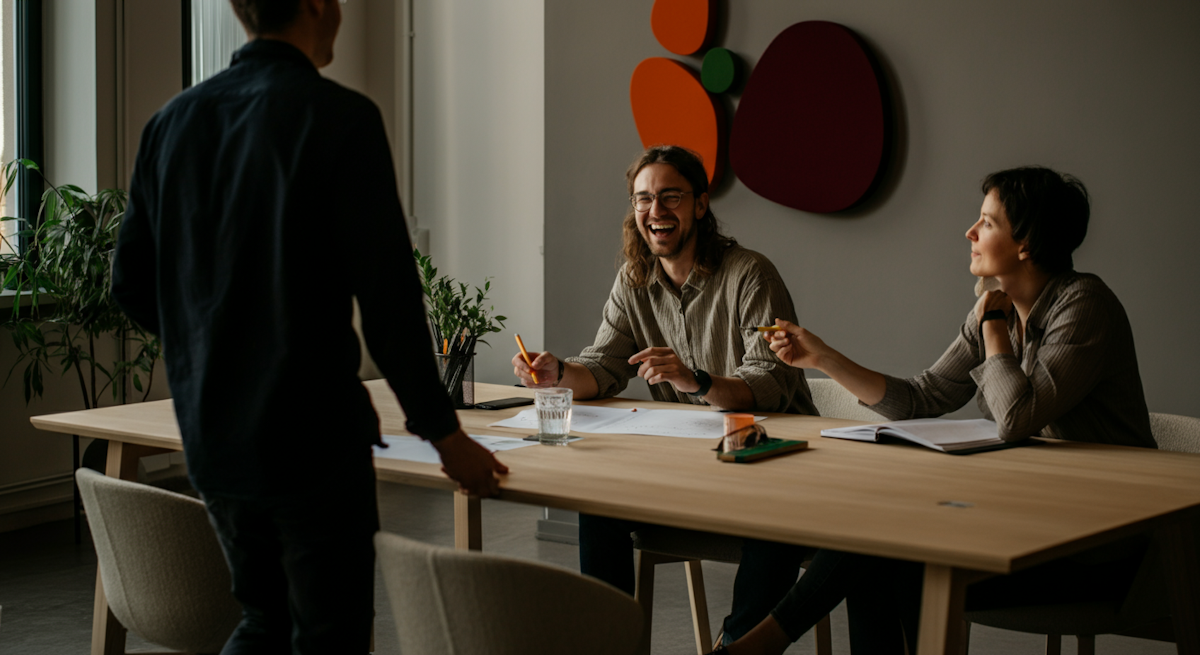 En person står framför ett bord och pratar med två sittande personer under vad som verkar vara en avslappnad intervju- eller mötessituation. De två som sitter skrattar och ler medan de håller pennor och har papper framför sig.