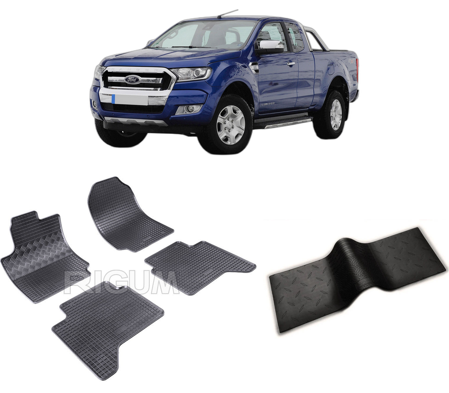 Set covorase auto FORD RANGER din 12.2015-10.2022, cu covoras tunel median, CAROSERIE PICK-UP, Presuri cauciuc 100%, compatibil cu autoturismul FORD RANGER, Rigum