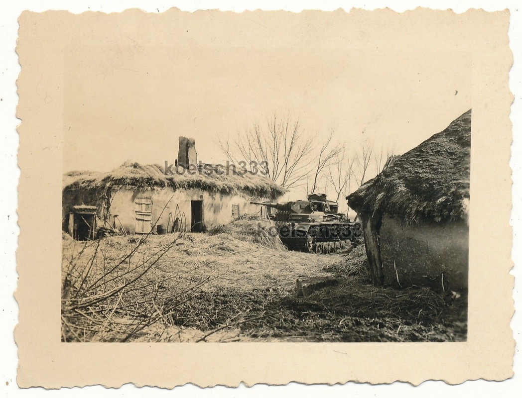 Foto Panzer III in Stellung zwischen Bauernhäuse