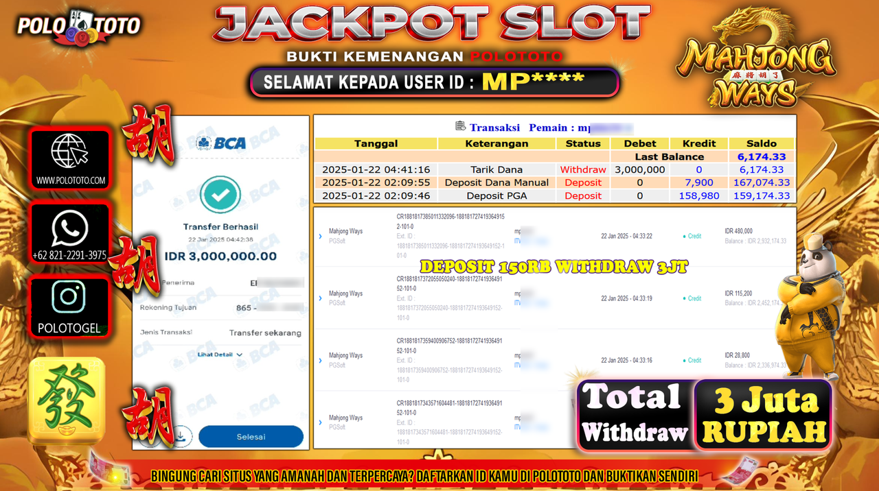 POLOTOTO JACKPOT SLOT MAHJONG WAYS Rp.3,000.000,-
