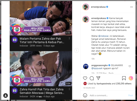 Unggahan Ernest Prakasa di laman Instagram pribadinya, @ernestprakasa, Rabu (2/6/2021).