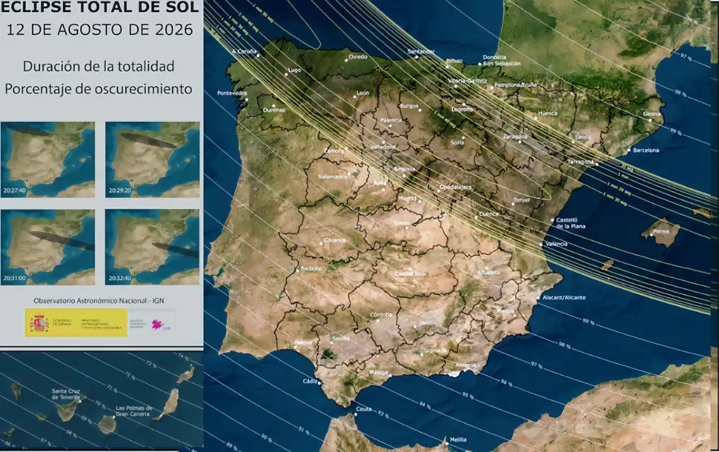 12 agosto 2026 eclipse total de Sol en Espa�a - lineas de oscuridad - y duraci�n
