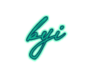 teal cursive text that reads, "byi".