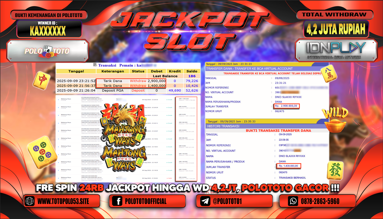 POLOTOTO JACKPOT SLOT MAHJONG WAYS Rp.4.200.000,-