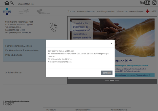 Meldung EDV-Ausfall Dreifaltigkeits-Hospital 