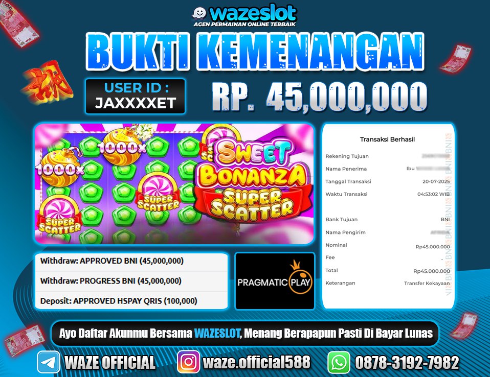 BUKTI KEMENANGAN 20 JULI 2025 DI GAME SWEET BONANZA SUPER SCATTER ( PRAGMATIC PLAY )
