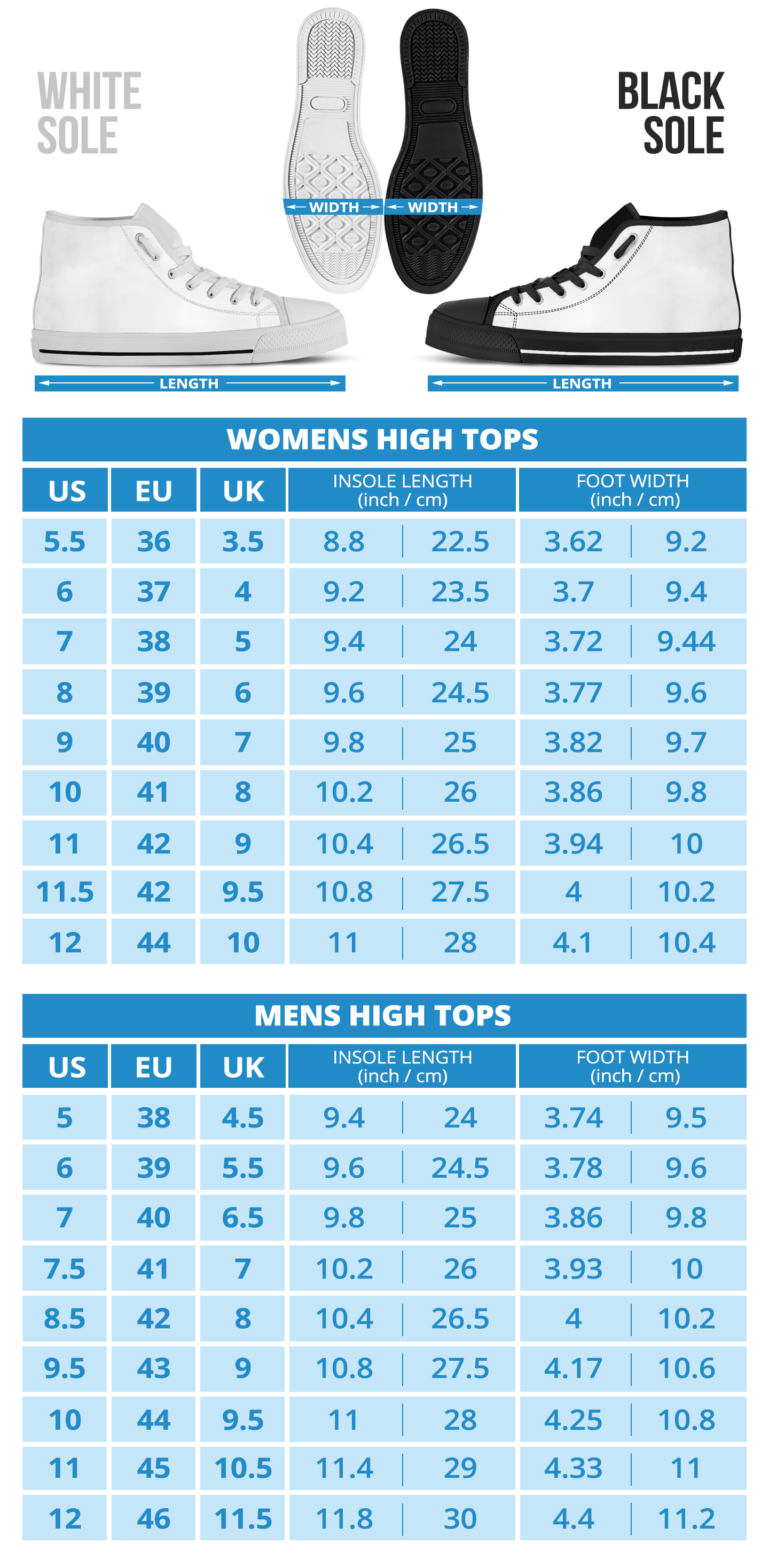 Racing Checkered Flag High Top Shoes sizing chart