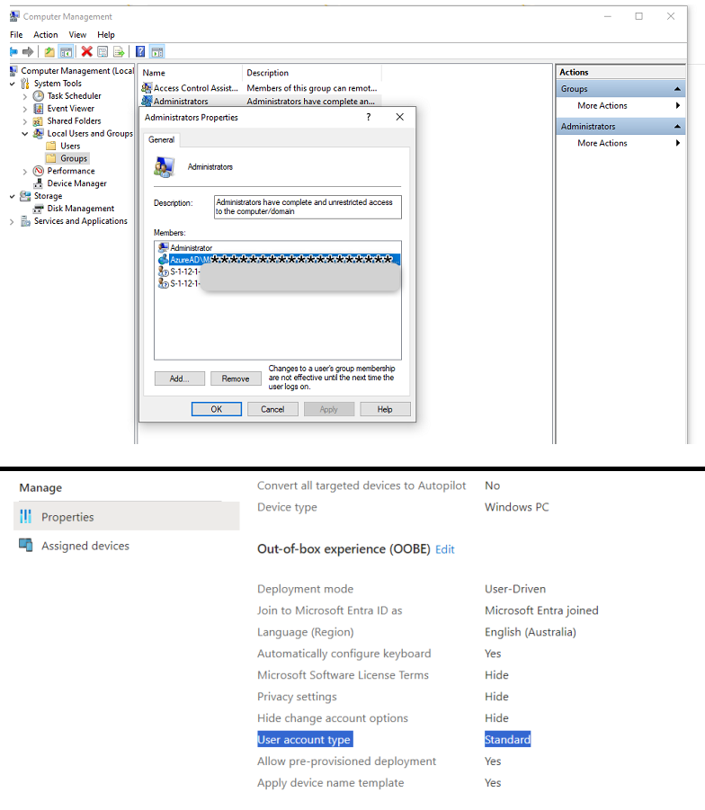 Autopilot Deployment Profile is set to Standard User but got Local