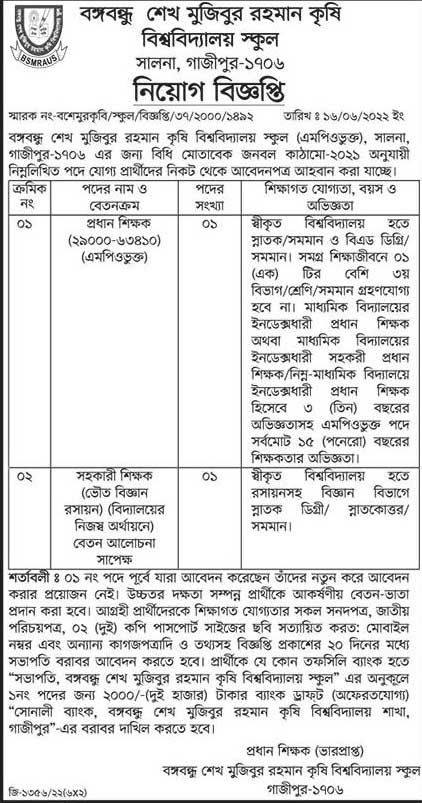 Sheikh Mujibur Rahman Agricultural University Job Circular 2022