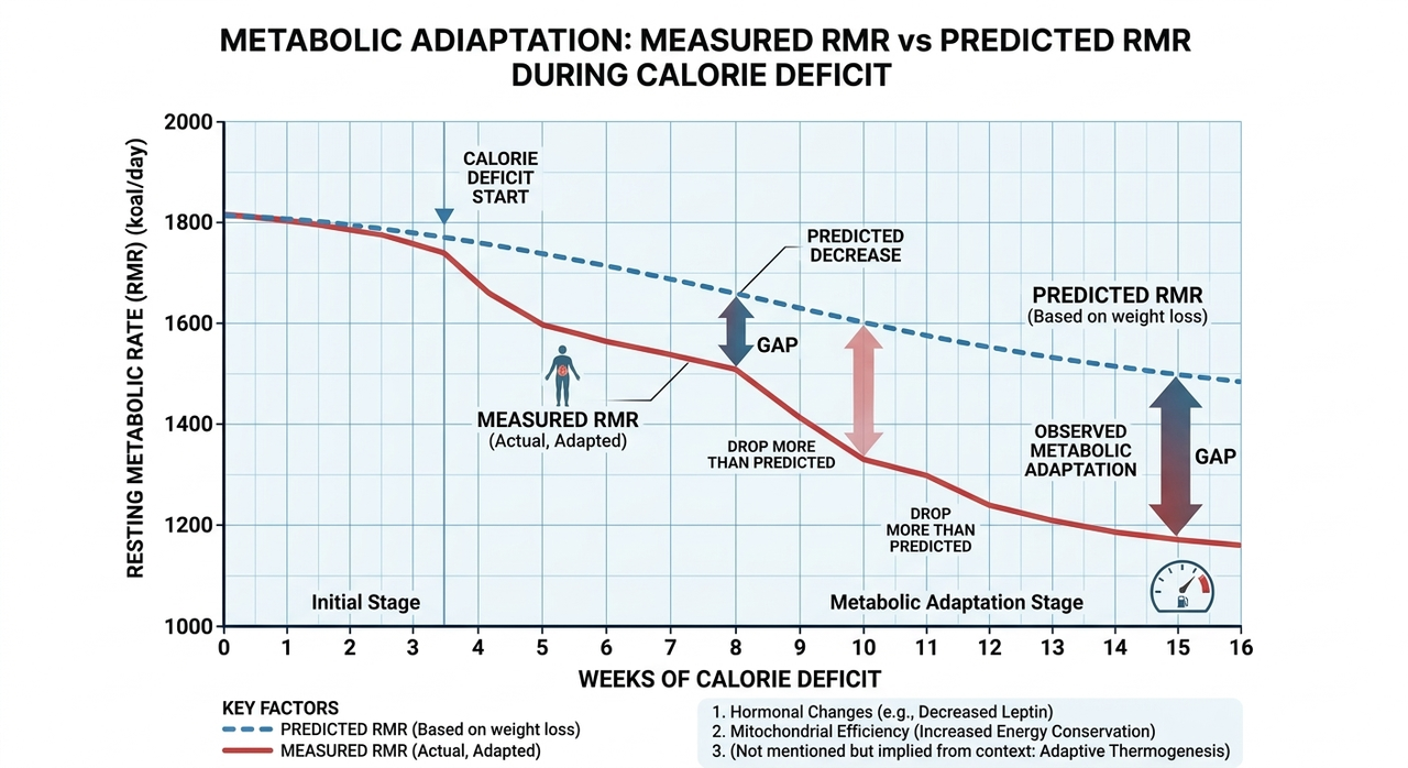 Graph showing metabolic adaptation from LION study with resting metabolic rate dropping more than predicted during calorie deficit