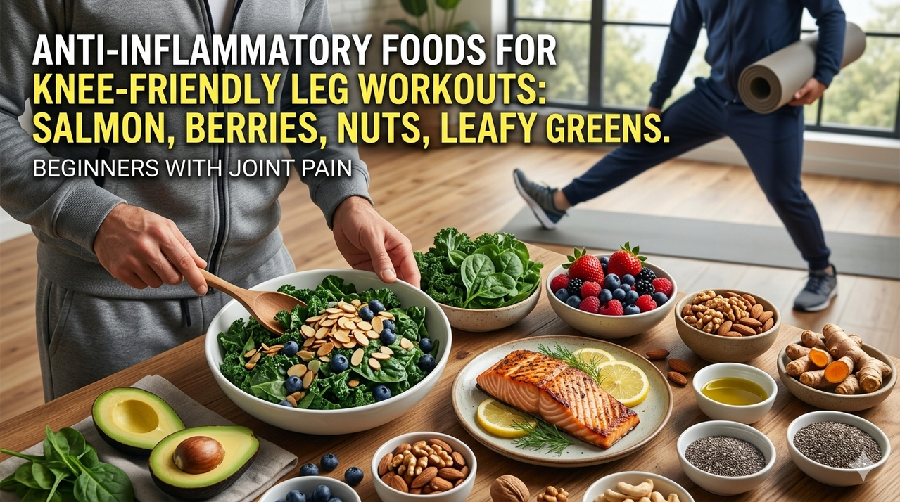 Assortment of anti-inflammatory foods including salmon, berries, nuts, and leafy greens for knee-friendly leg workouts for beginners with joint pain