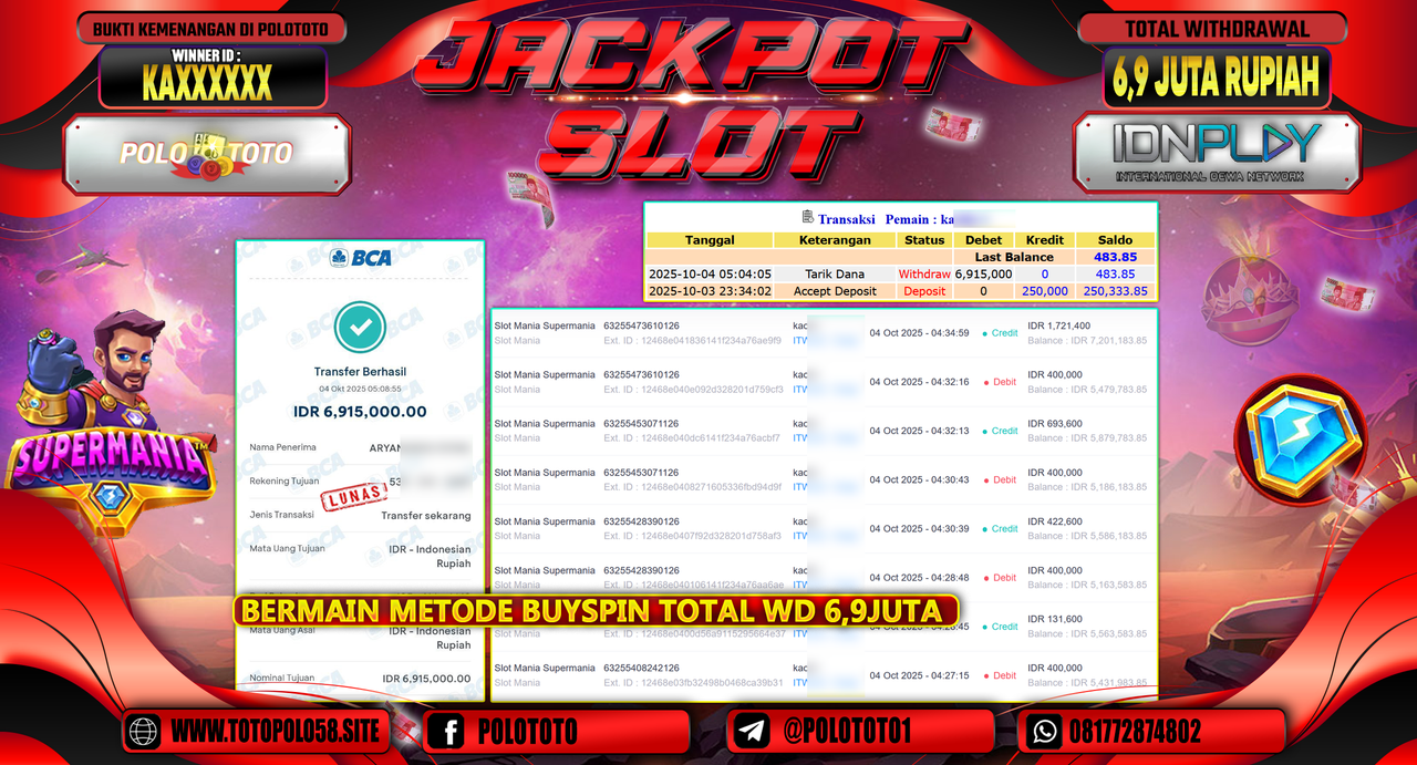 POLOTOTO JACKPOT SLOT MANIA SUPERMANIA Rp.6.900.000,- LUNAS