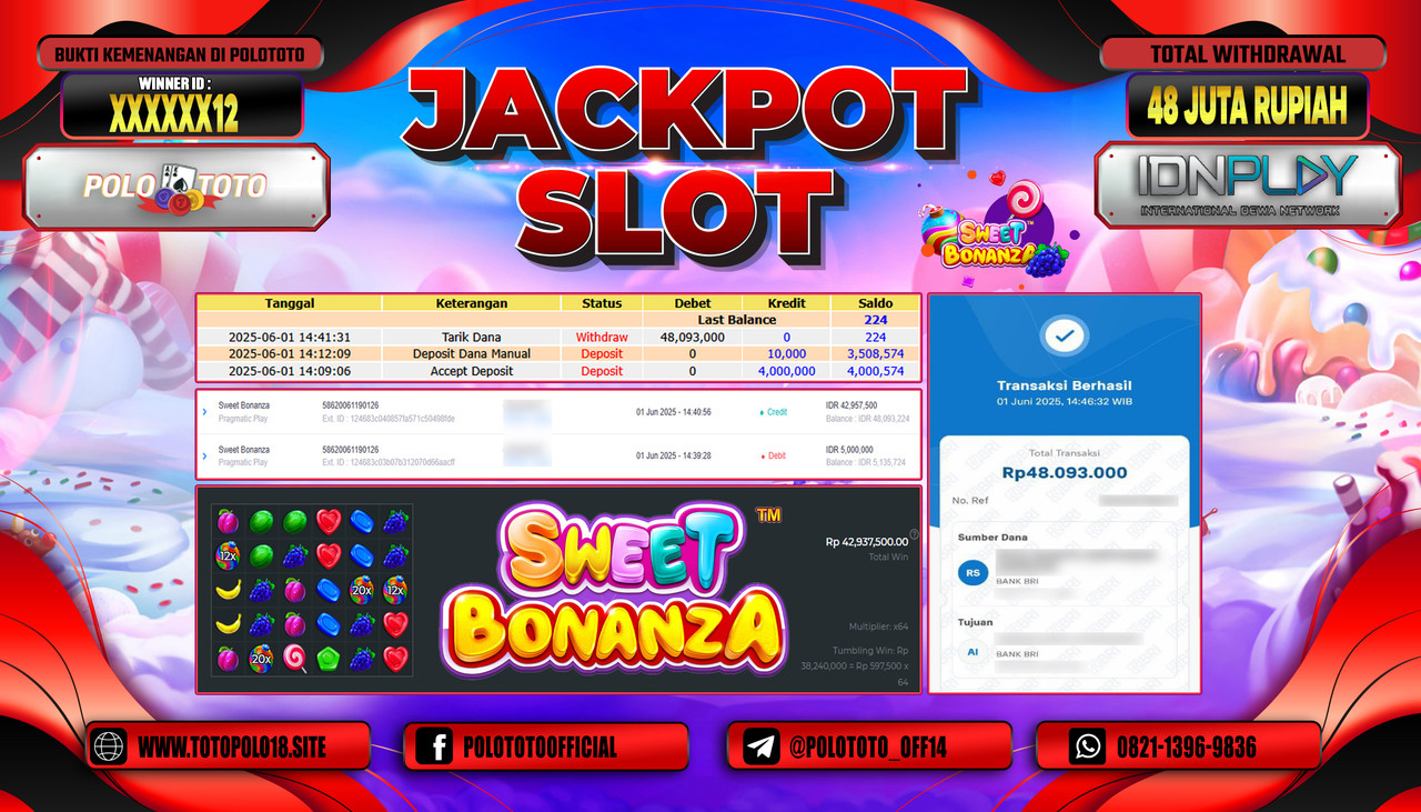 POLOTOTO JACKPOT SLOT SWEET BONANZA Rp.48.093.000,-